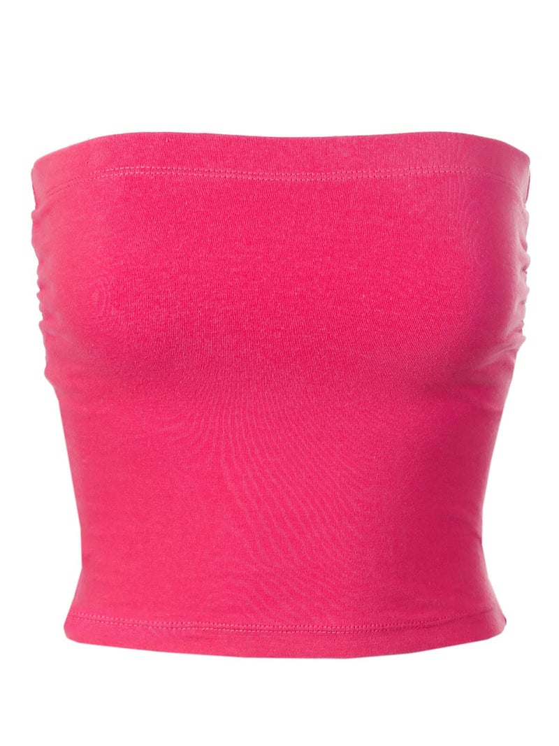 MixMatchy Women's Solid Casual Summer Ruched Side Backless Double Layered Tube Top with Built in Bra Hot Pink - Image 1